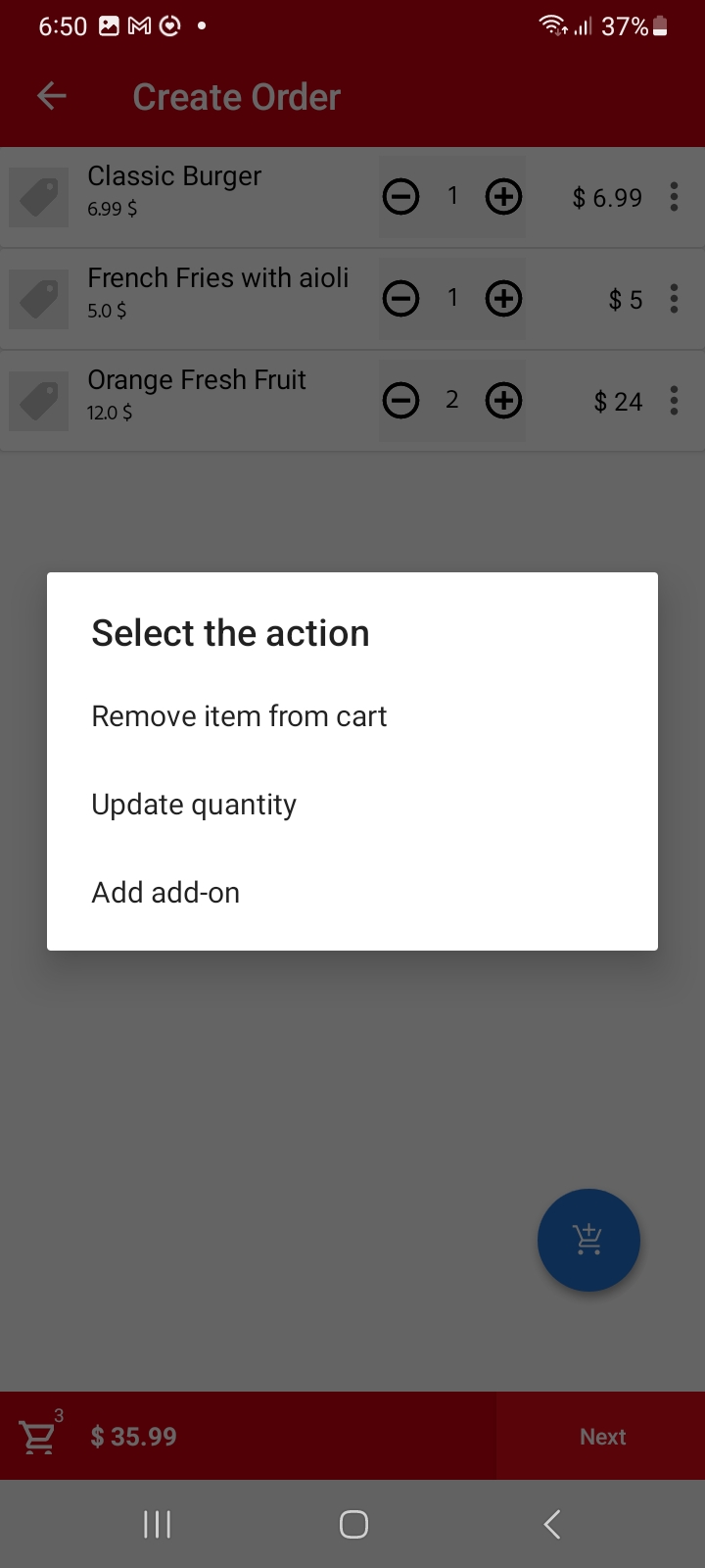 Add item and component to a order