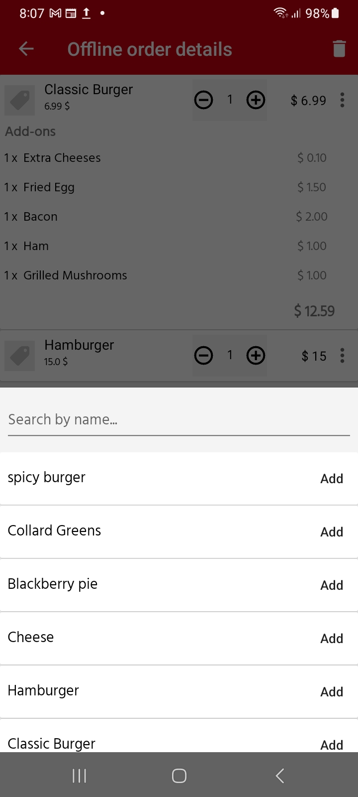 Add item to existing order