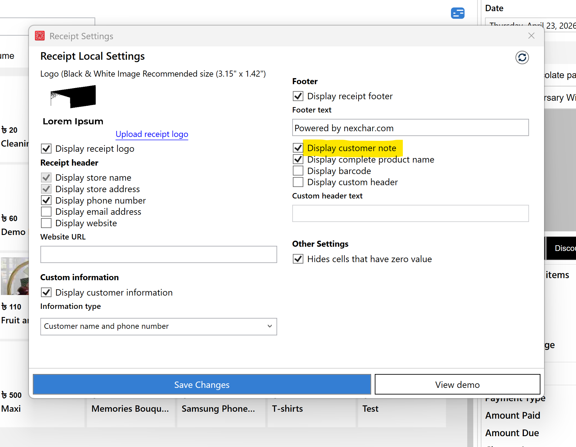 Desktop POS Receipt Settings Enable customer note