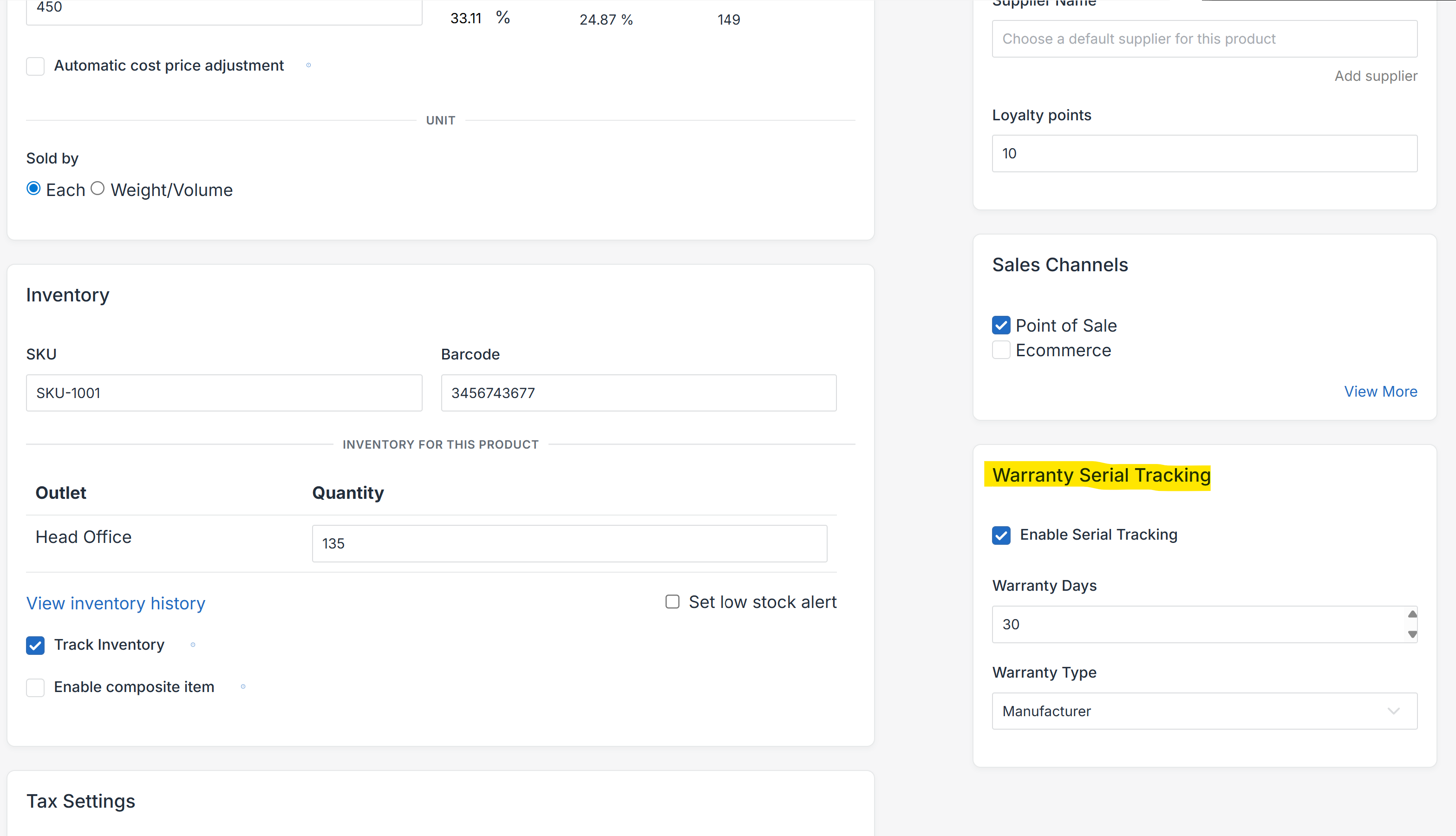 Enable Serial Tracking and Warranty Settings for Product in POS