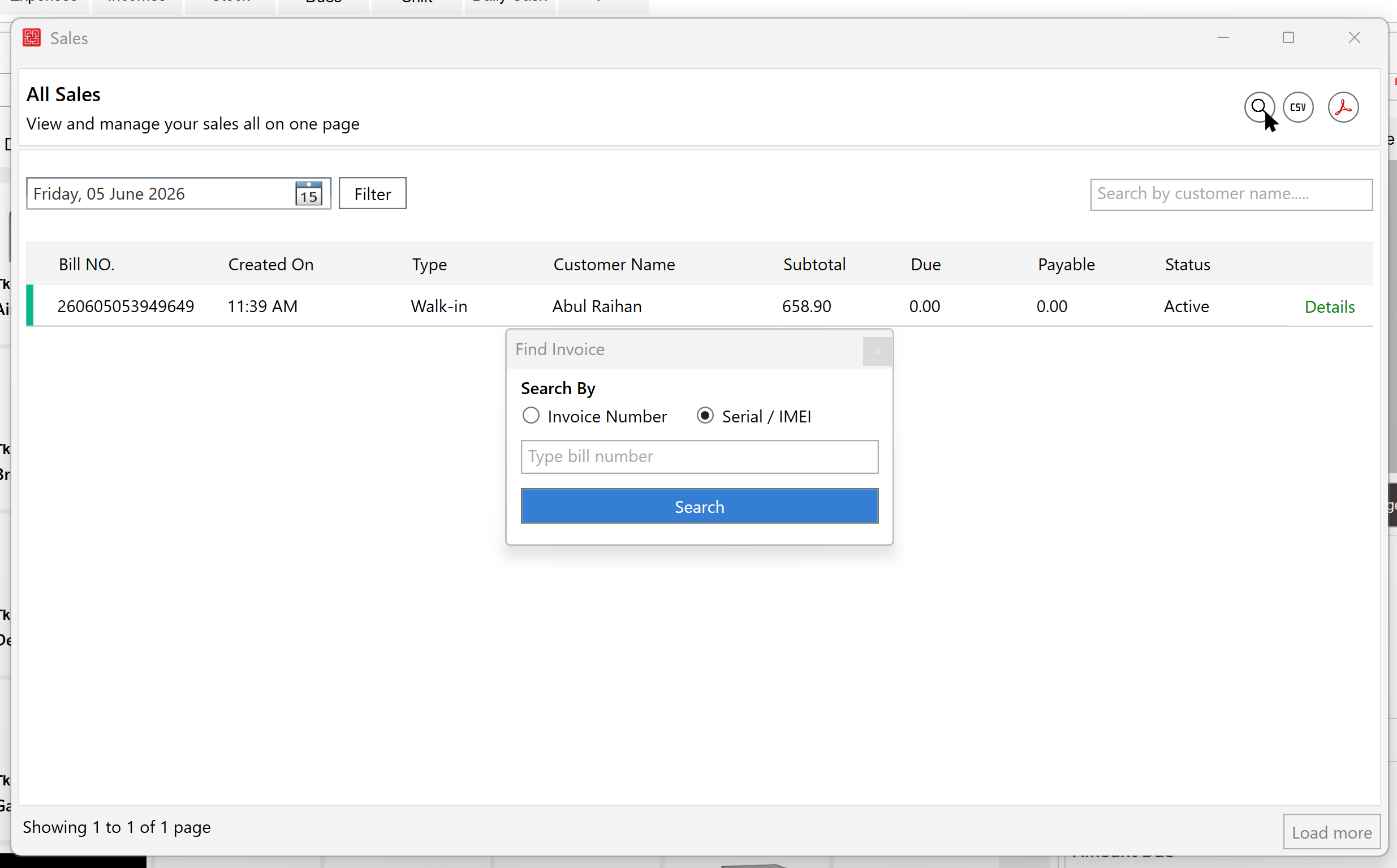 Search Sales Invoice Using Product Serial Number or IMEI